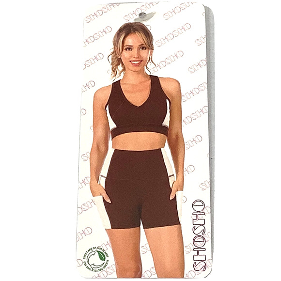 shosho Pants - Womens Activewear 2 Pc Set SHOSHO Shorts Sports Top Brown White Sz L NWT